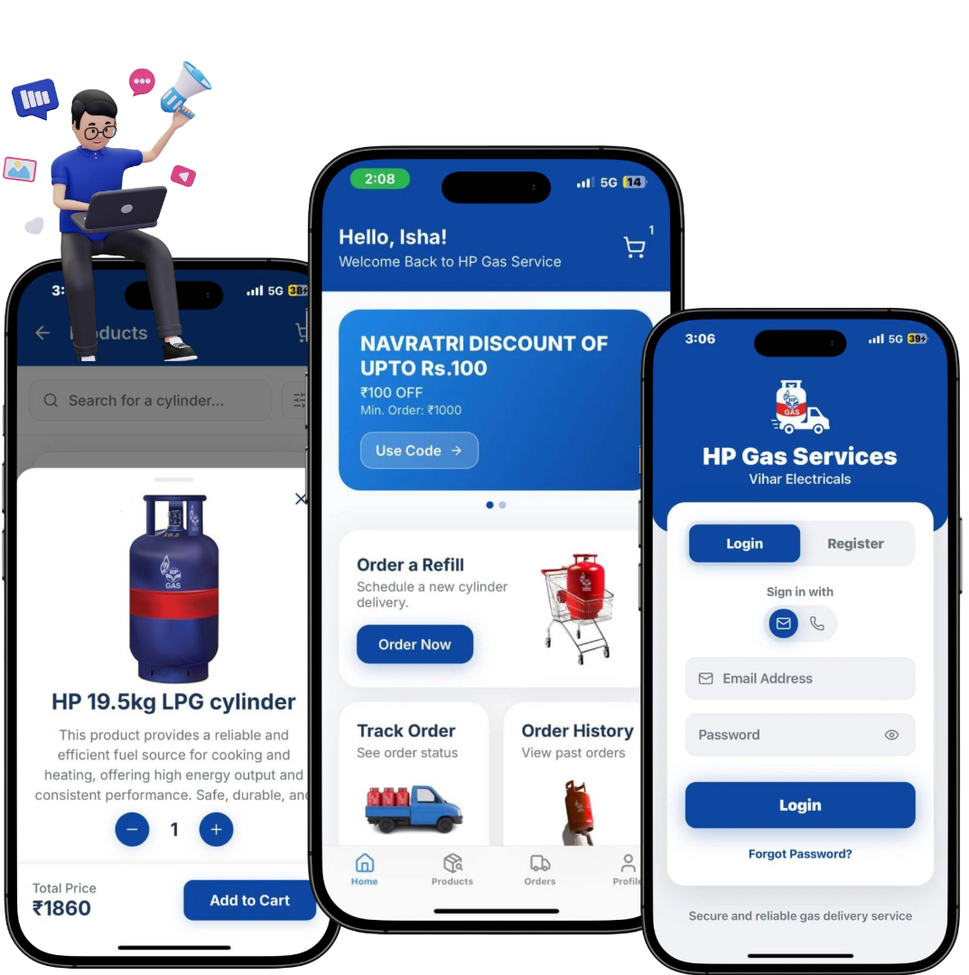 Screens showcasing the Vihar HP Gas mobile experience